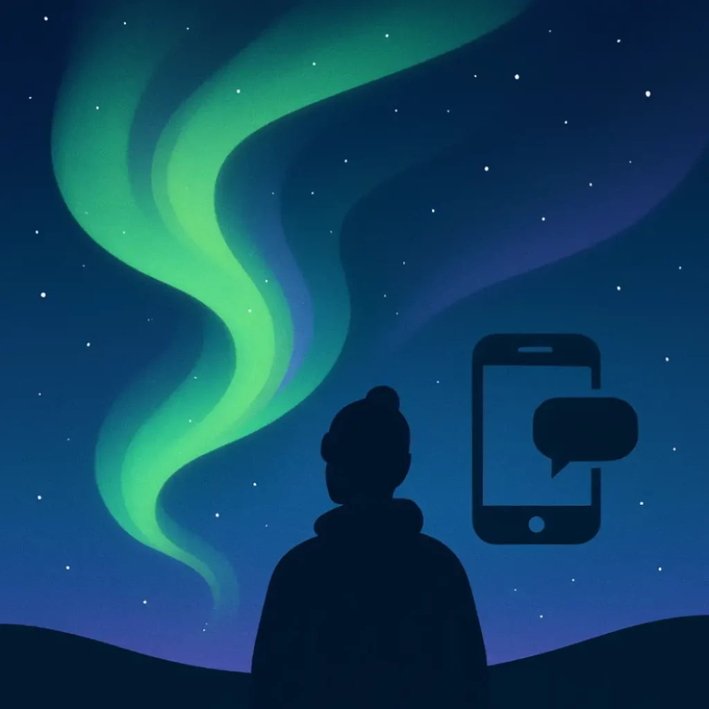 Minimal vector illustration of a person watching the northern lights with a glowing green and purple aurora and a phone icon symbolizing aurora alerts.